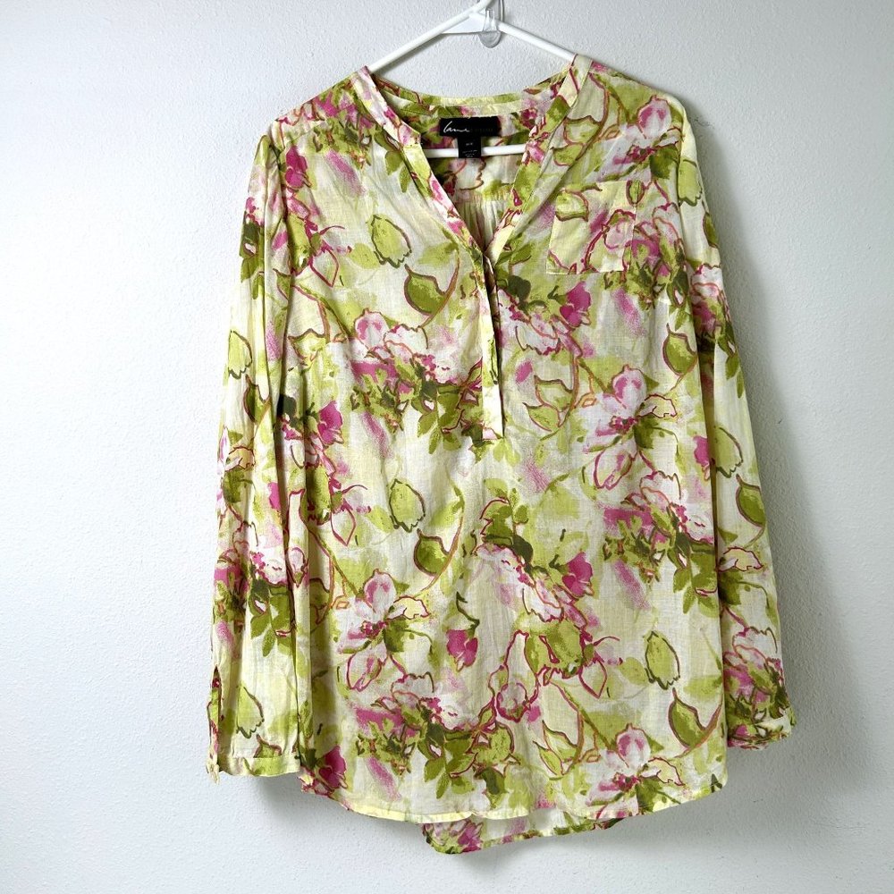 Lane Bryant Top Womens Size 14 16 Green Pink Floral Long Sleeve Popover Cotton